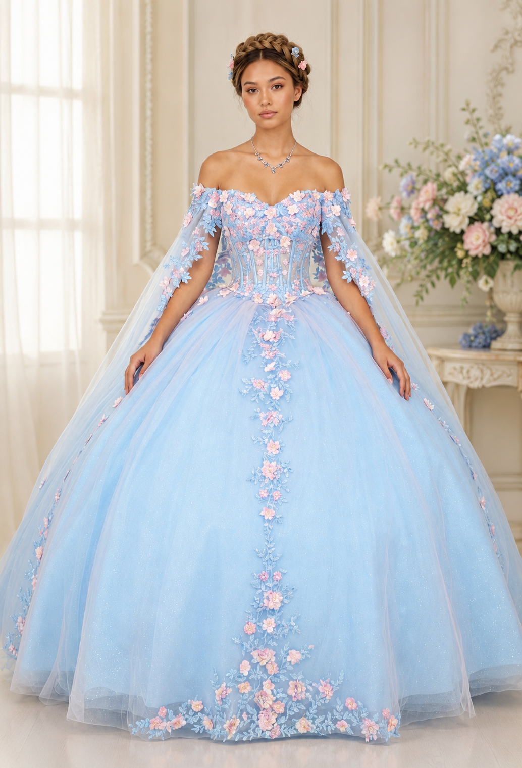 Blue quince dress with pink flowers & Cape
Style: GVC3117
Size: XS - 3XL
Bbly Blue