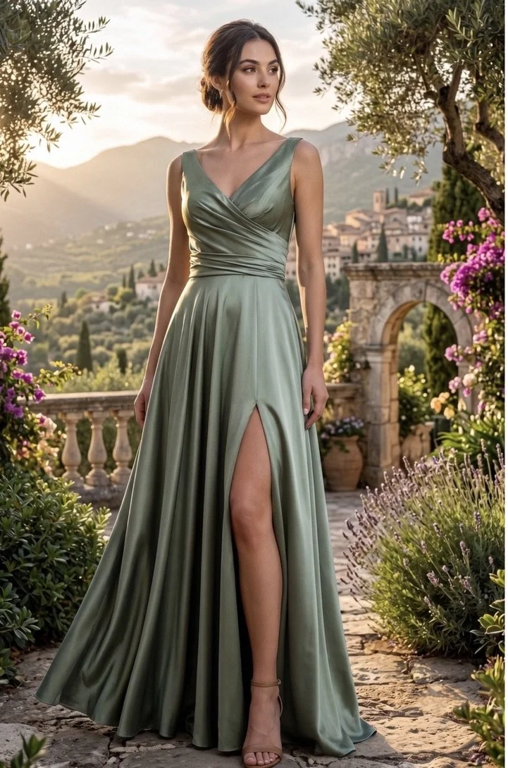 Satin V-Neck A-Line Formal Dress with Lace-Up Back