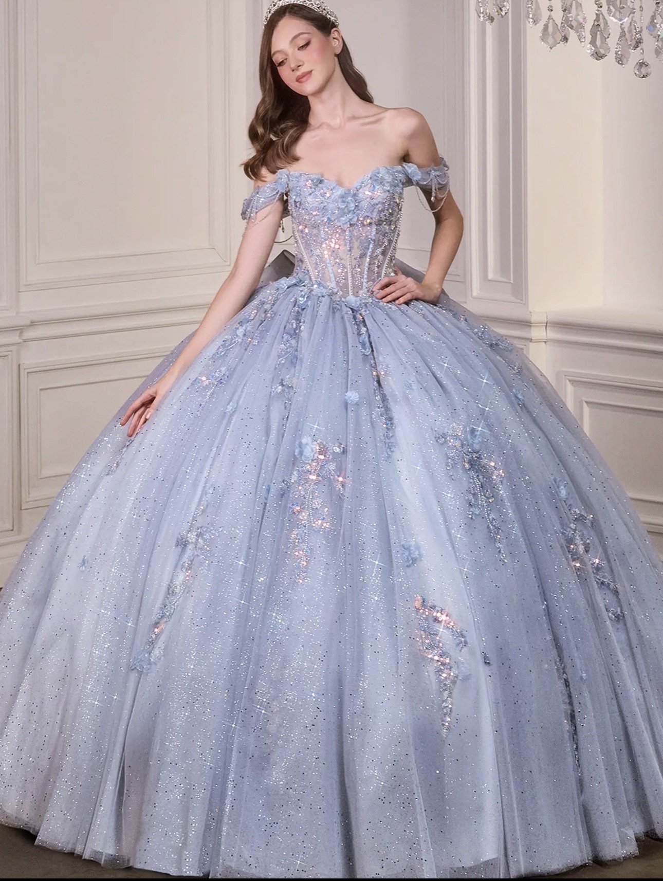Off-the-Shoulder Glitter & Tulle Ball Gown
Style:GV15728
Size: XS-3XL