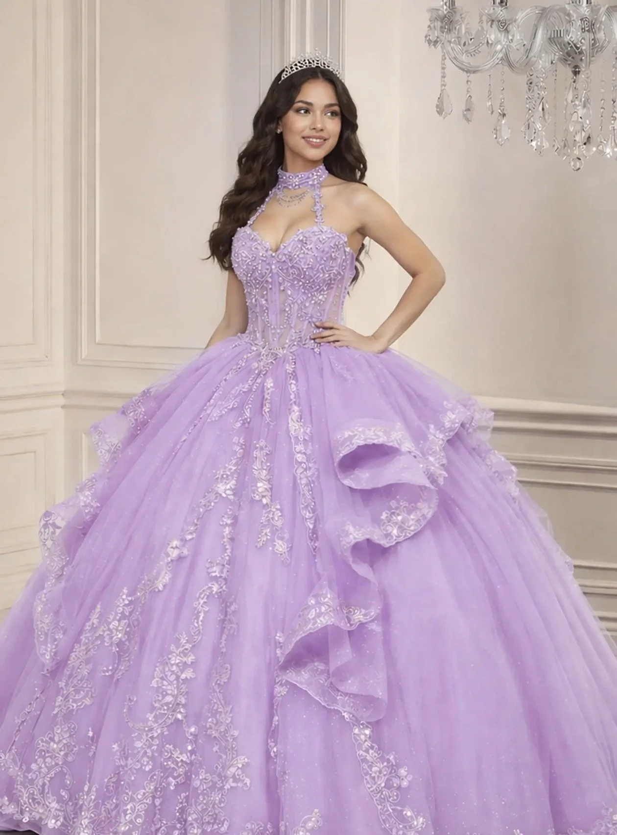 Tiered Ball Gown with Halter Neckline
Style: GV15741
Lilac
Size: XS-3XL
