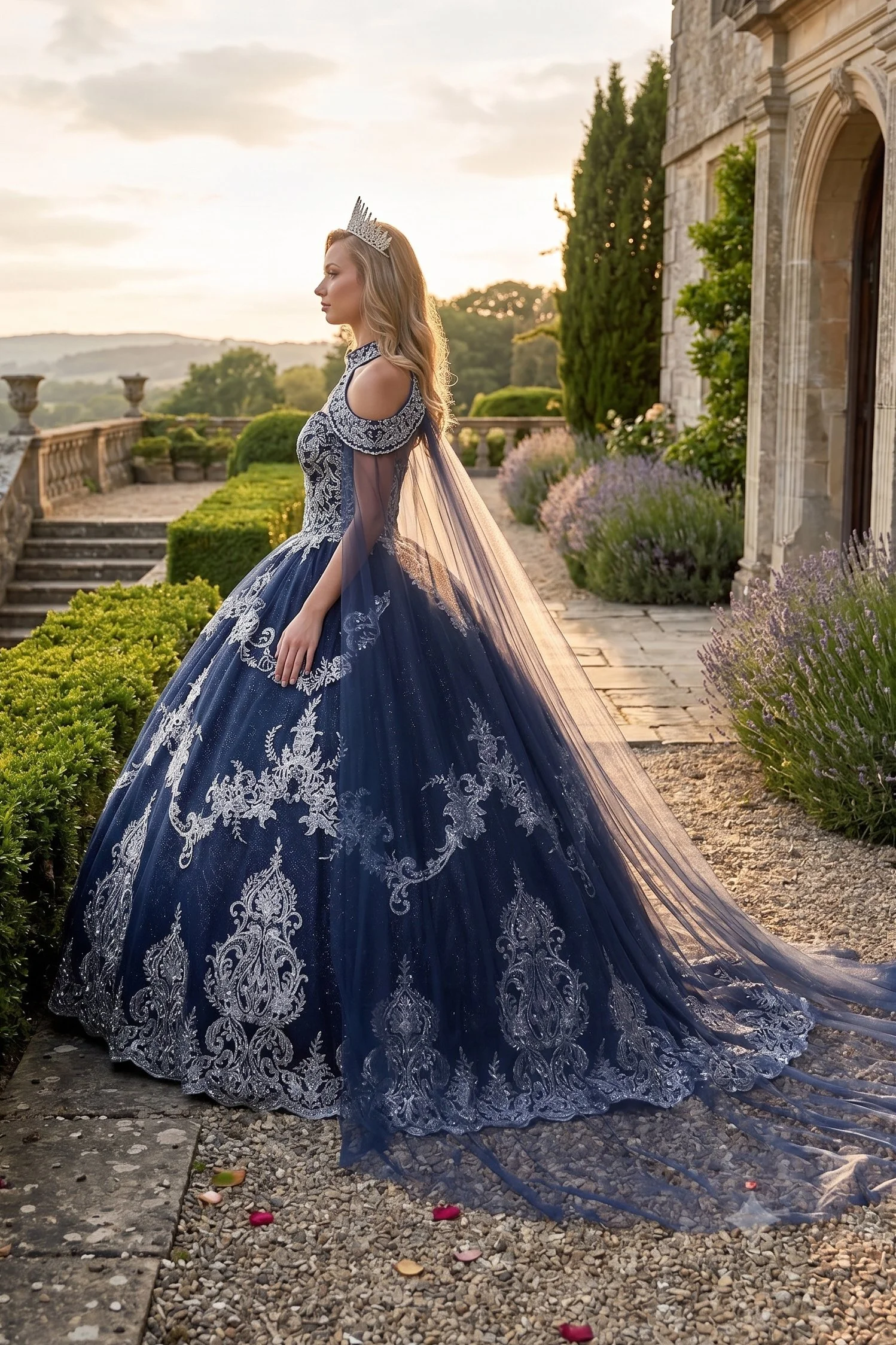 Elegant Navy/Silver Dress with Cape
Style: GVC3091
Size: S - 2XL