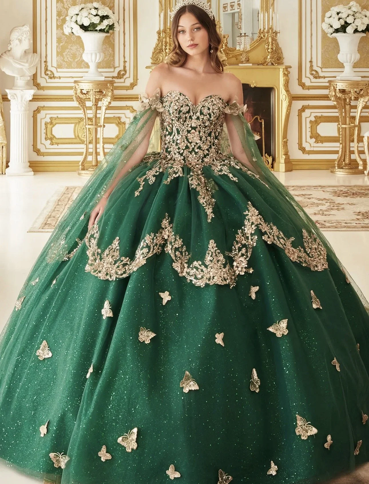 Emerald Green & Gold Appliqué
Style:GV15721
Size: XS - 3XL