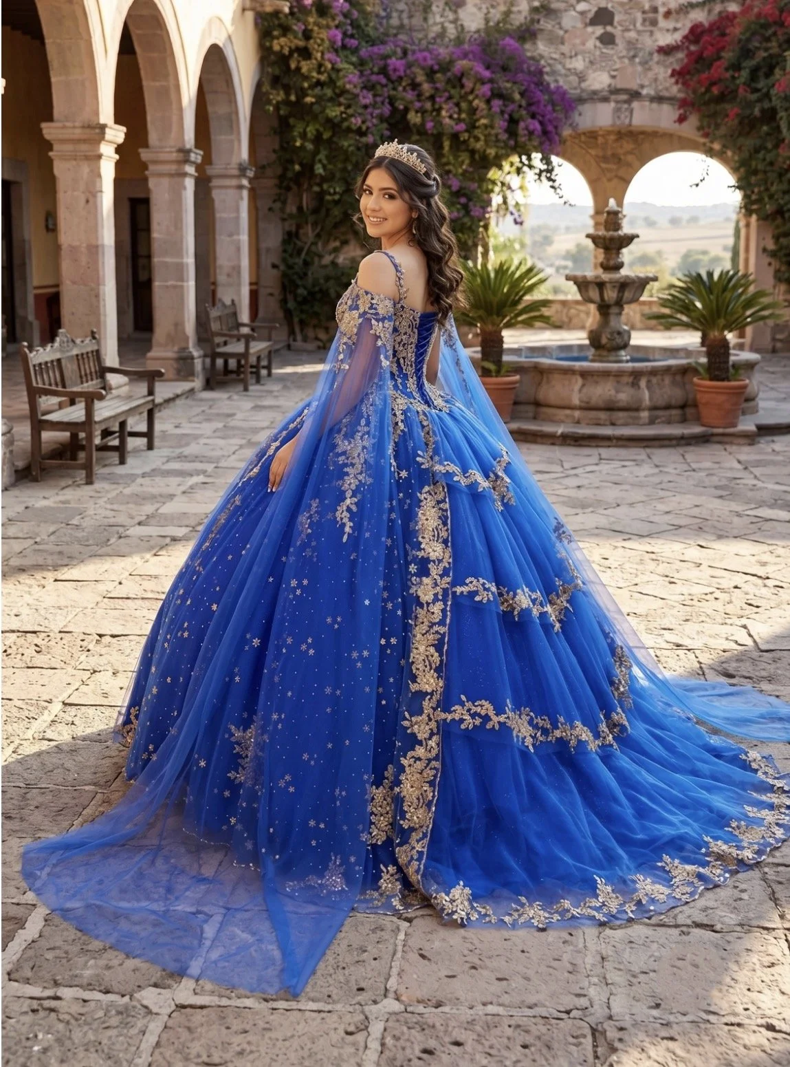 Elegant Quince Dress with Cape
Style: GVC3110
Royal Blue with Gold
