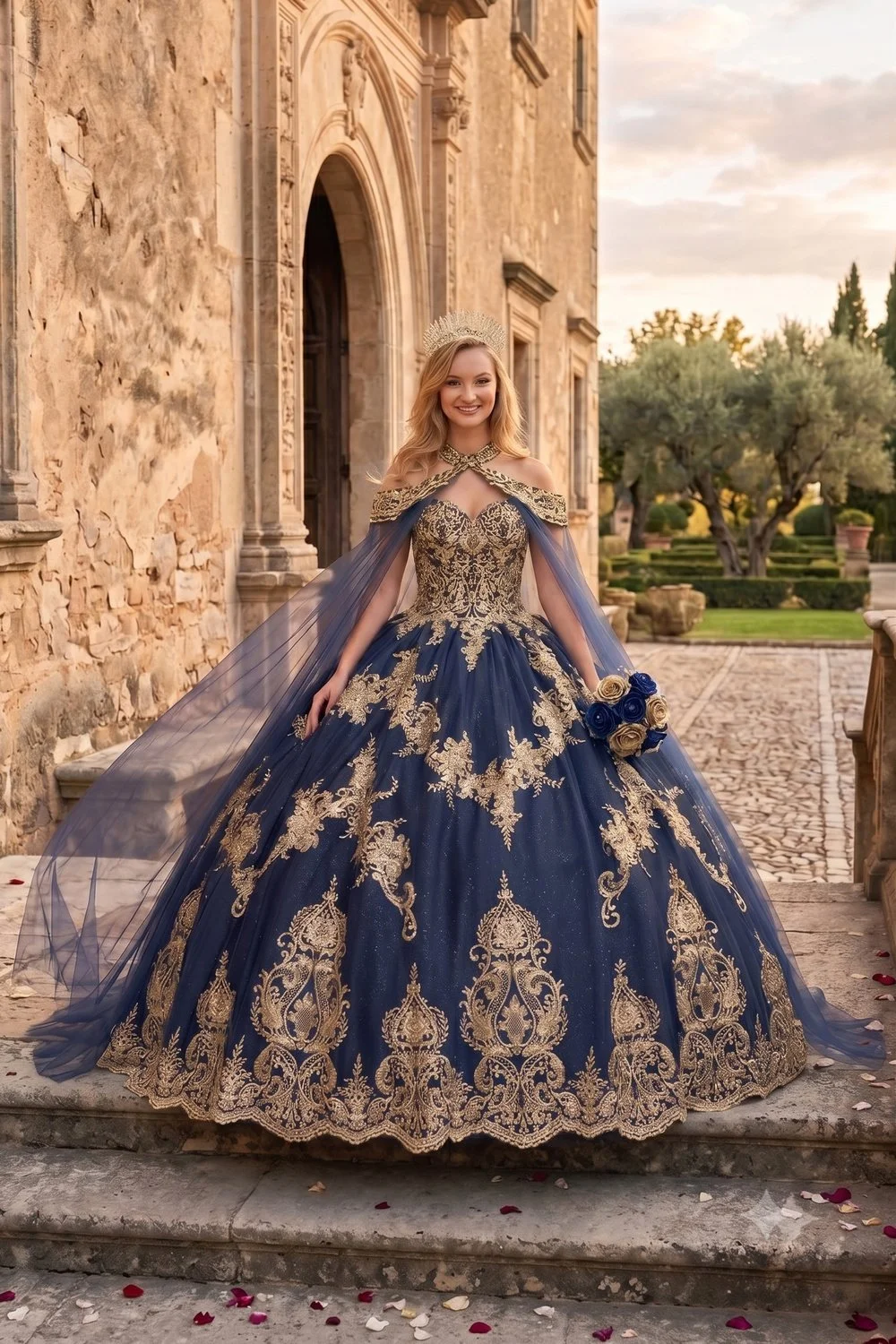 Elegant Navy/Rose Dress with Cape
Style: GVC3091
Size: S - 2XL