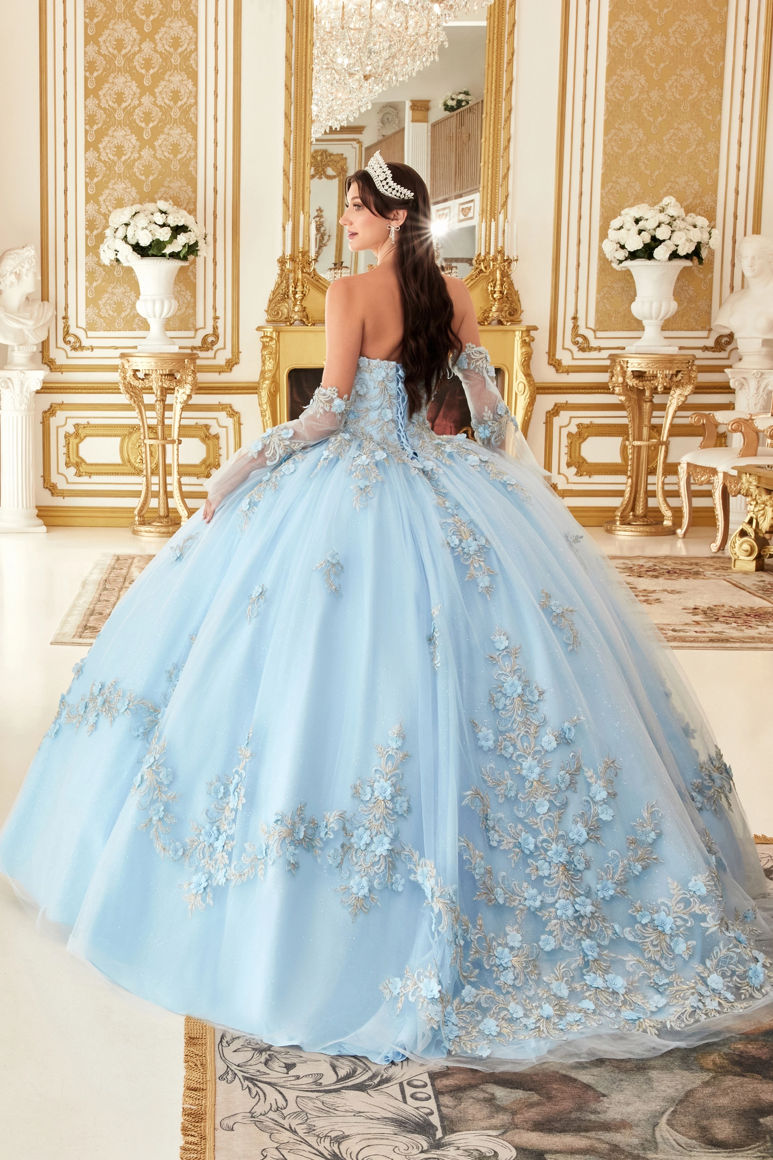 Layered Tulle Ball Gown with Floral Applique
Style: GV15714
Size: XS-3XL
