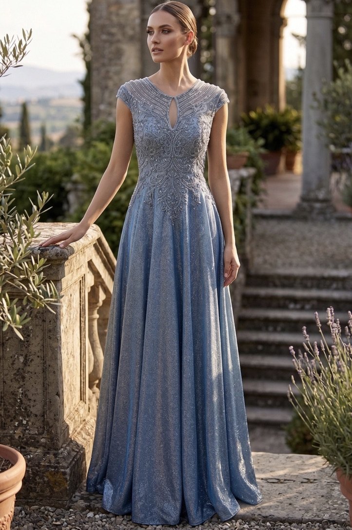 Embellished Cap Sleeve A-Line Evening Gown