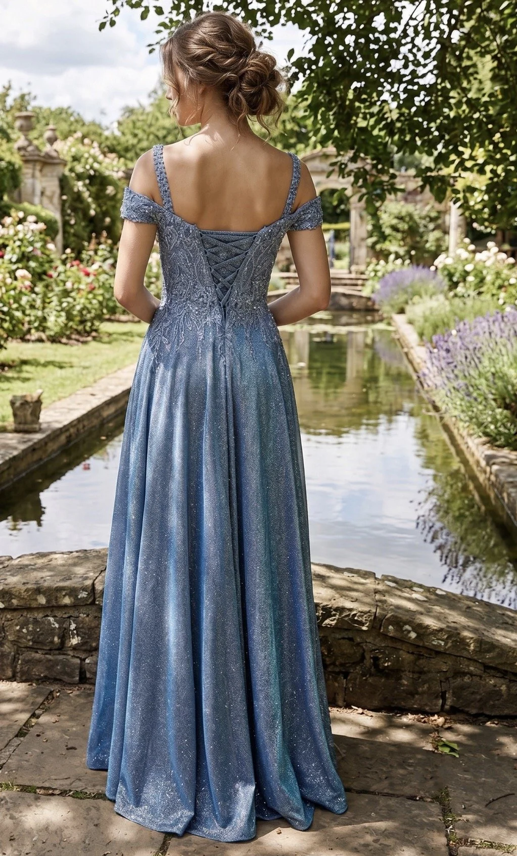 Off-The-Shoulder Lace-Up Back Evening Gown with Pockets