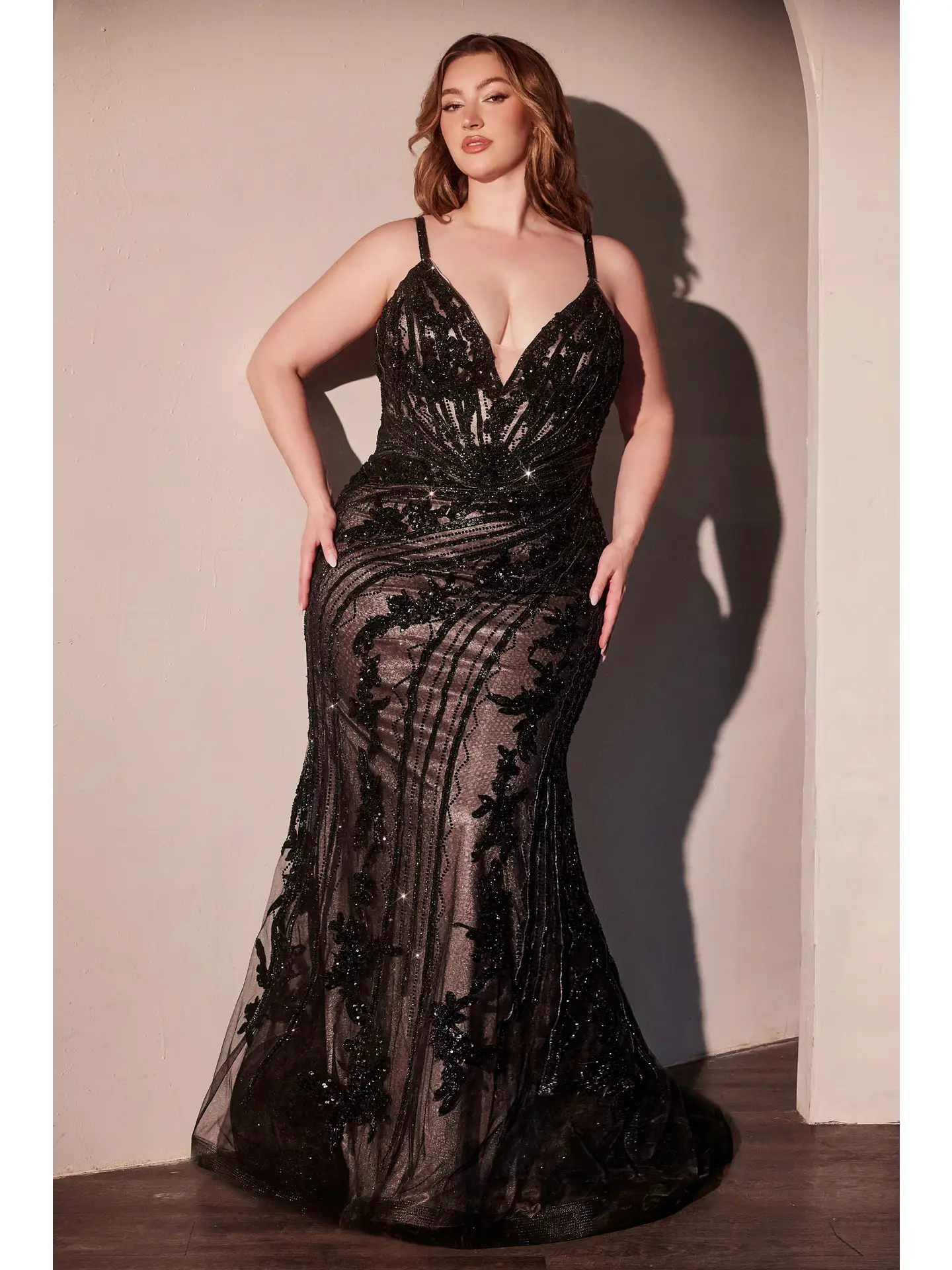 Curve Black Fitted Embellished Lace Gown