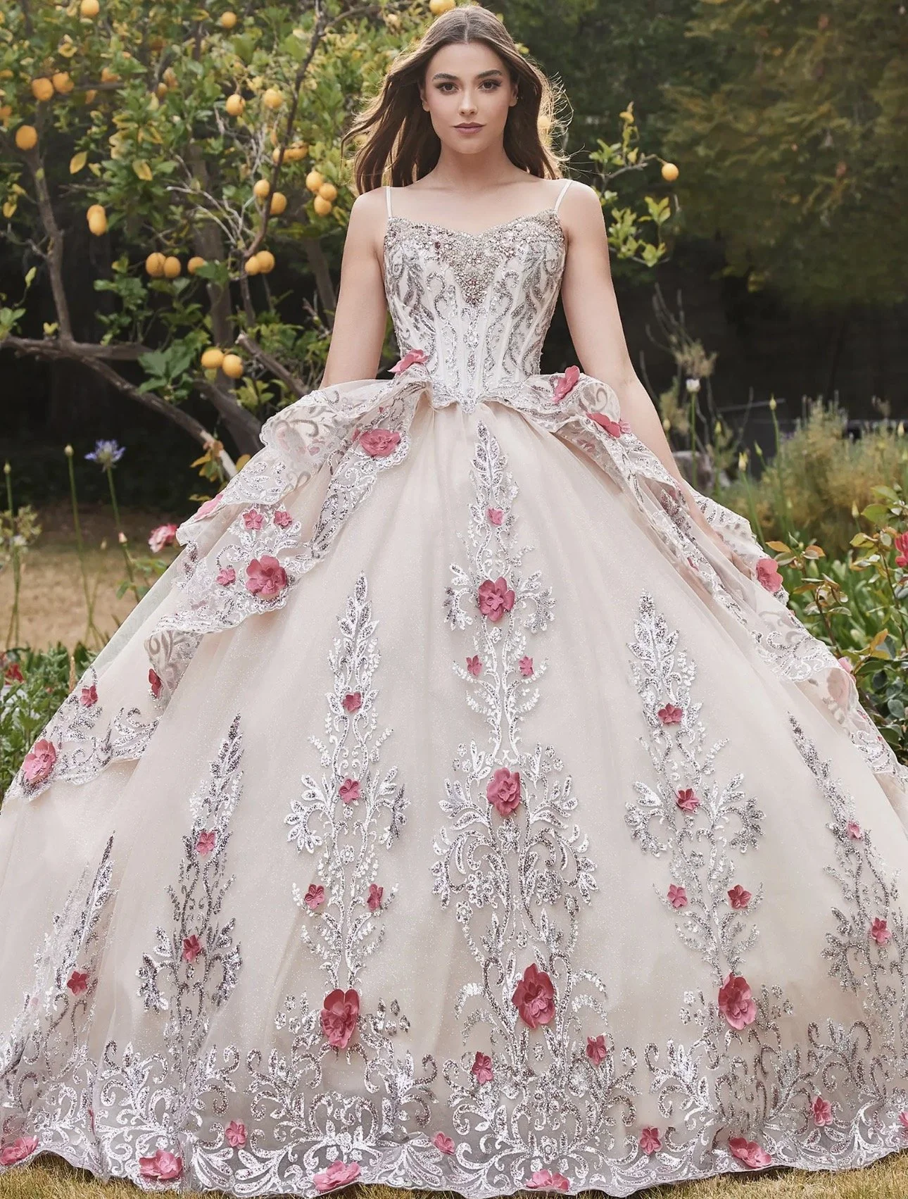 Layered Tulle Quince Gown & Floral Applique
Style: GV15703
Size: XS-3XL
Champagne 