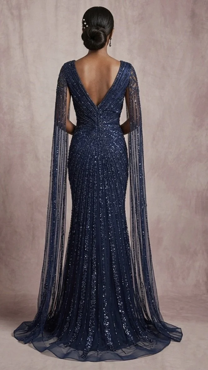 Shimmering long V-Neck Gown with Sheer Cape