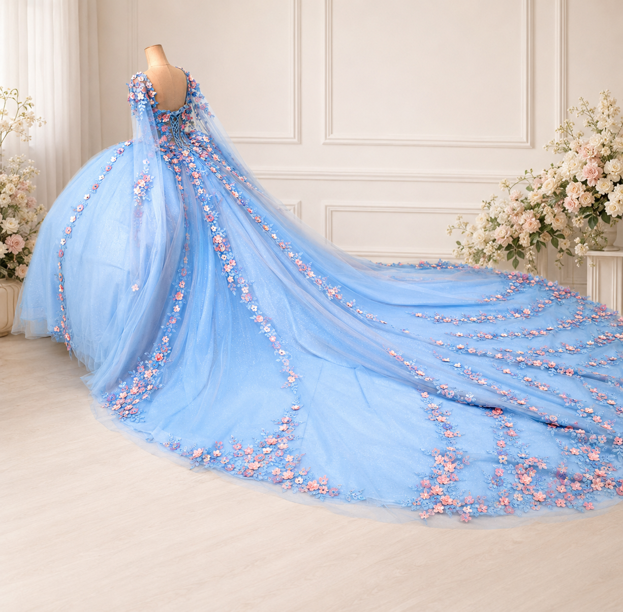 Blue quince dress with pink flowers & Cape
Style: GVC3117
Size: XS - 3XL
Baby Blue