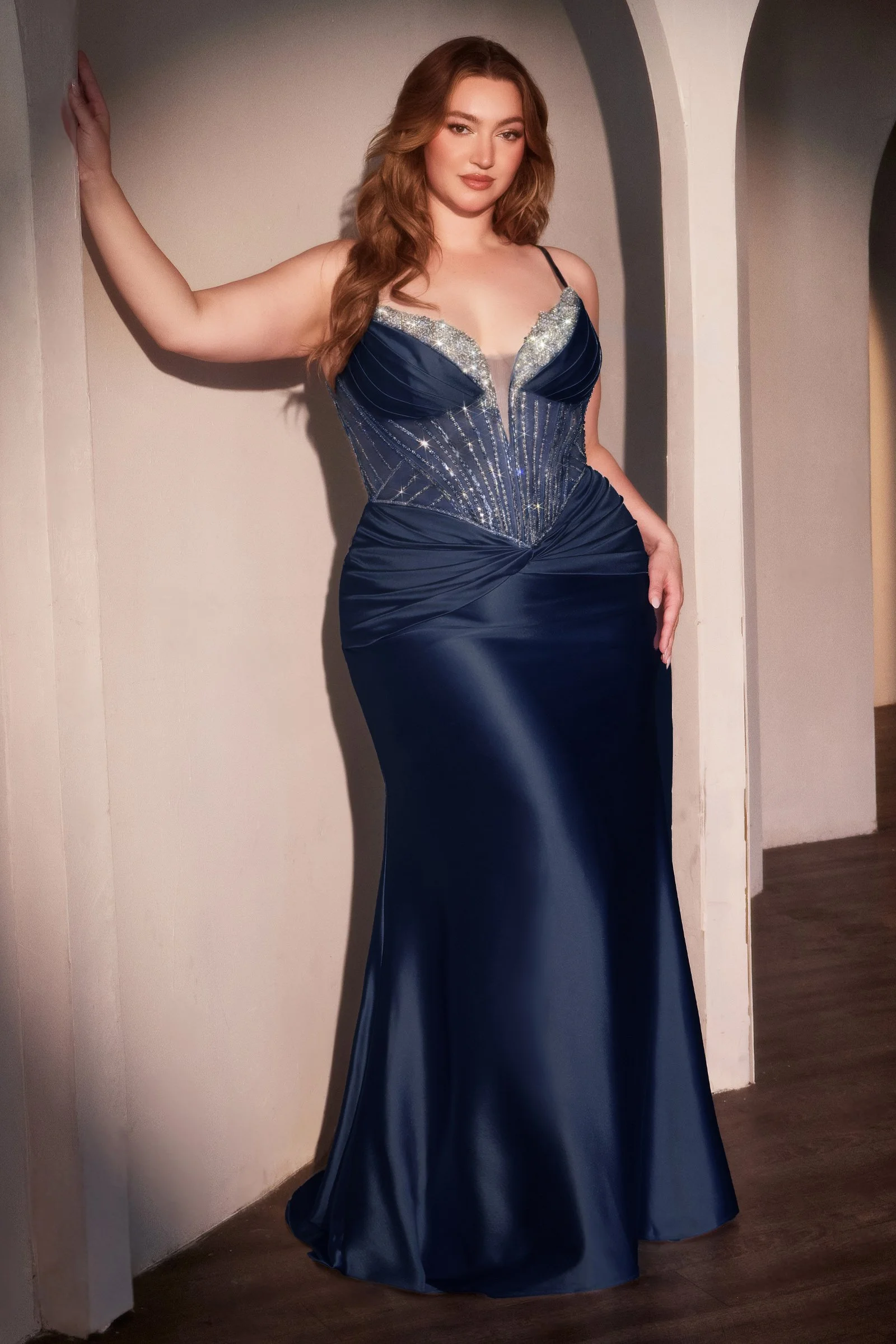 Plus Size Fitted Satin Gown with Beaded Details