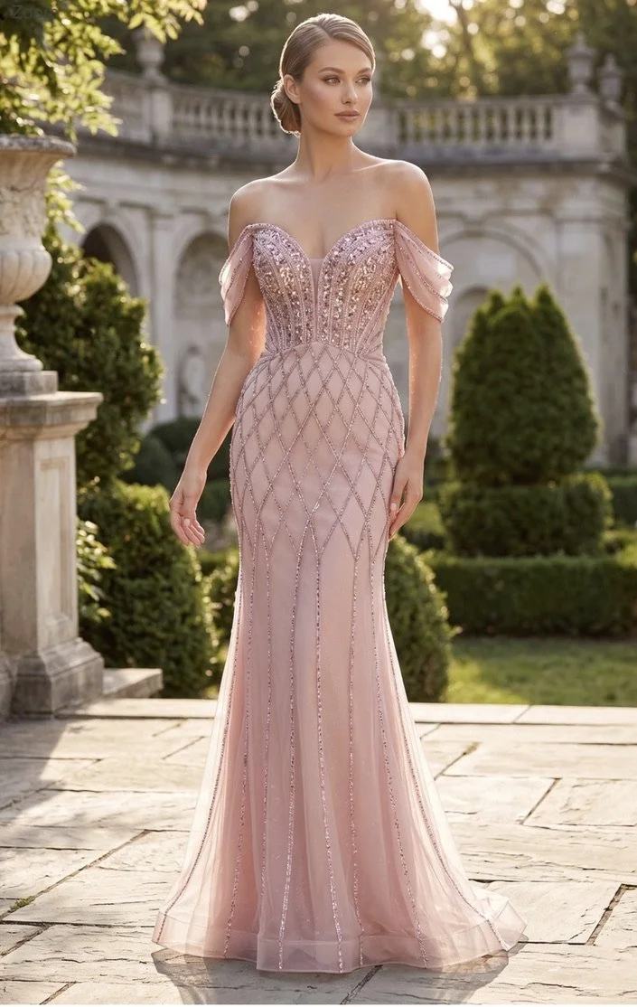 Beaded Mermaid Off-the-Shoulder Evening Gown