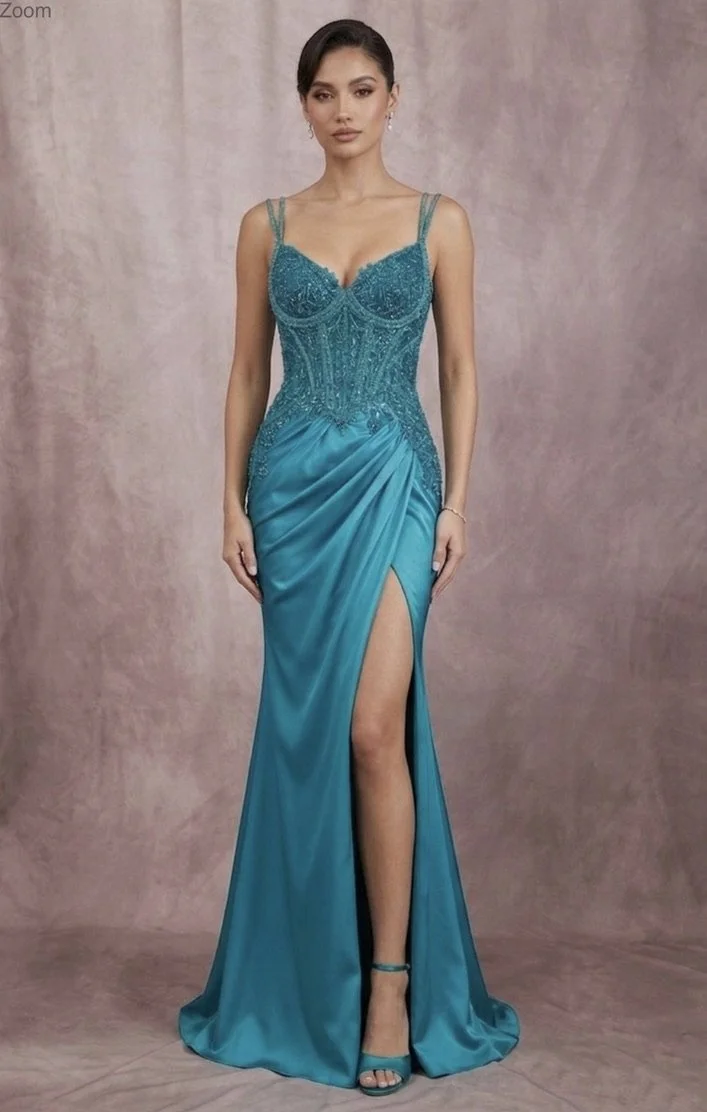 Satin Beaded Corset Gown with Slit