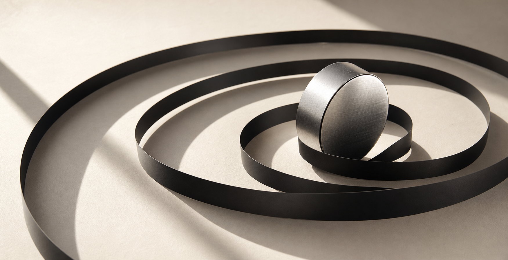 Abstract black sound-wave ribbons around a brushed silver form