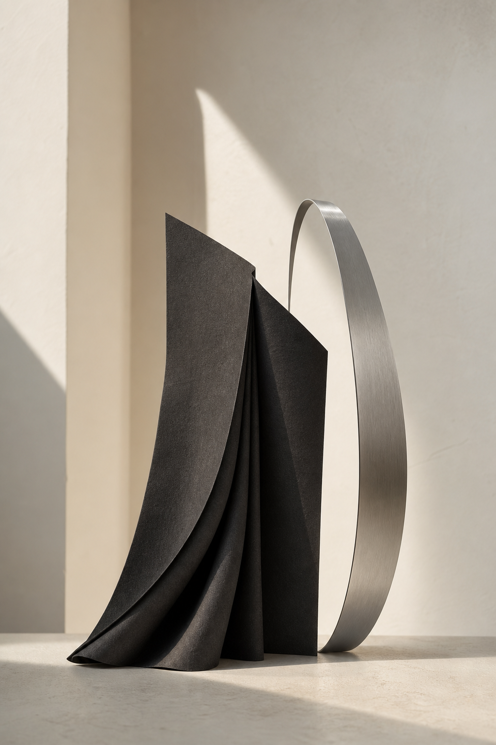 Abstract charcoal stage curtain and silver arc in warm daylight