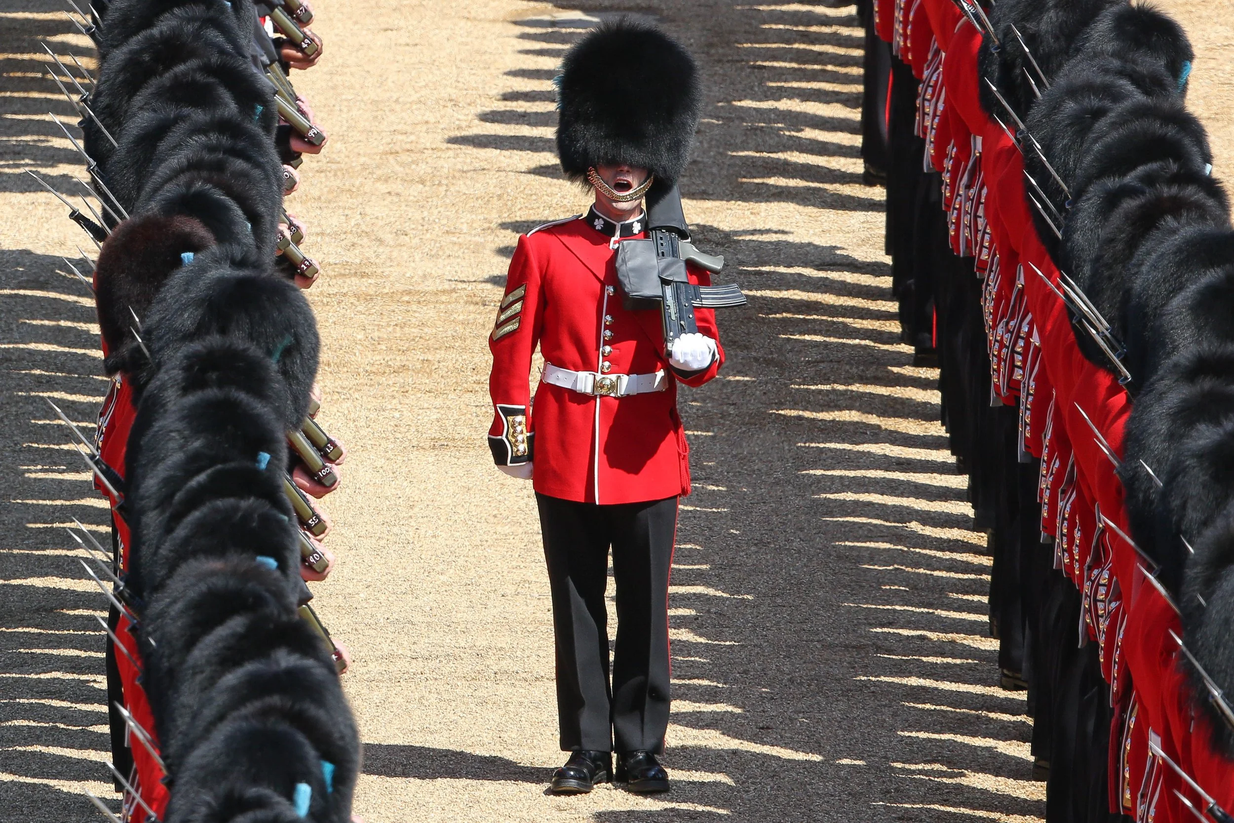 Sergeant shouts orders Queens birthday parade Horse Guards London