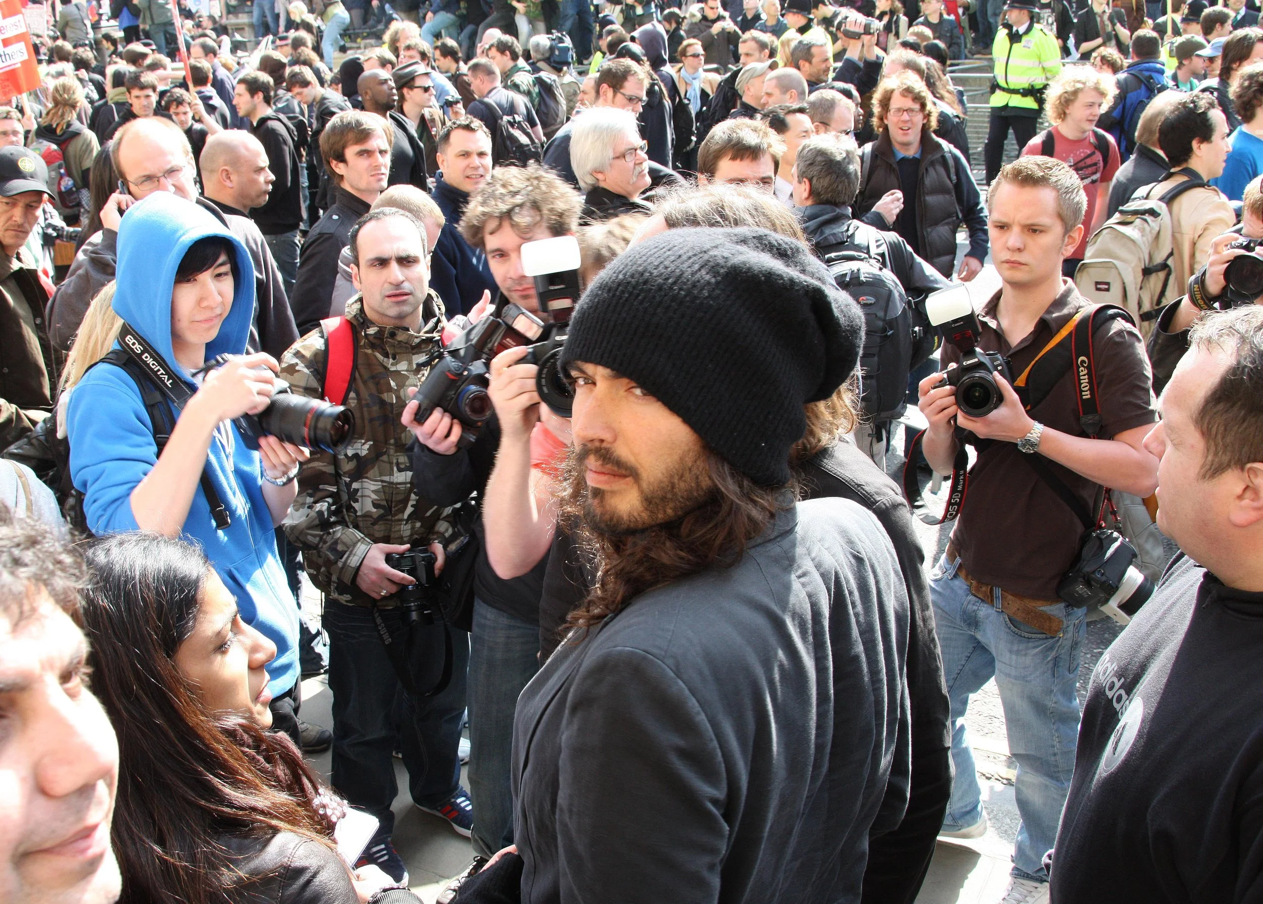 Russell Brand at a protest or demonstration Bank London