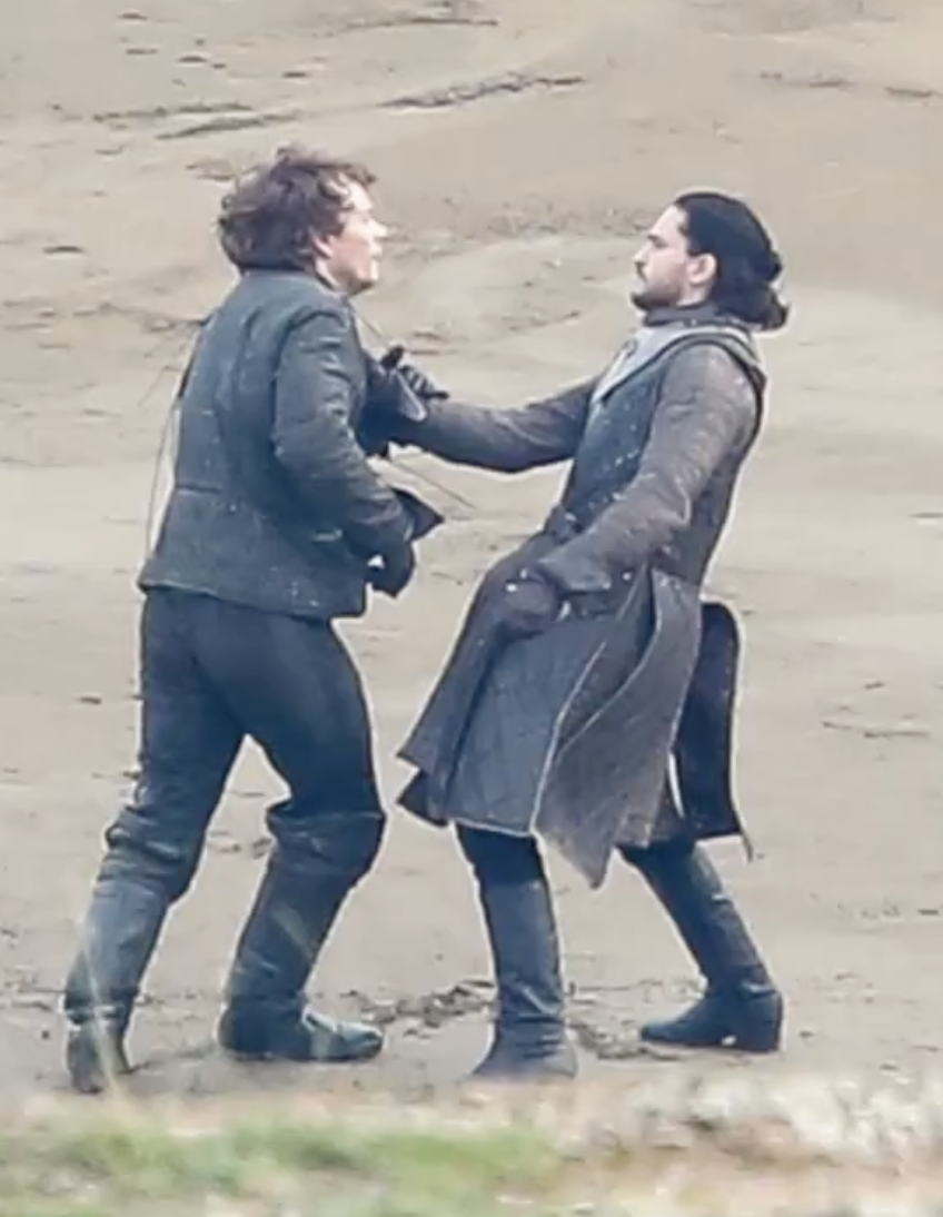 John Snow "Kit Harrington" and Theon Greyjoy "Alfie Allen" fight on the beach during GOT 7 Itzurun Beach Zumaia Spain