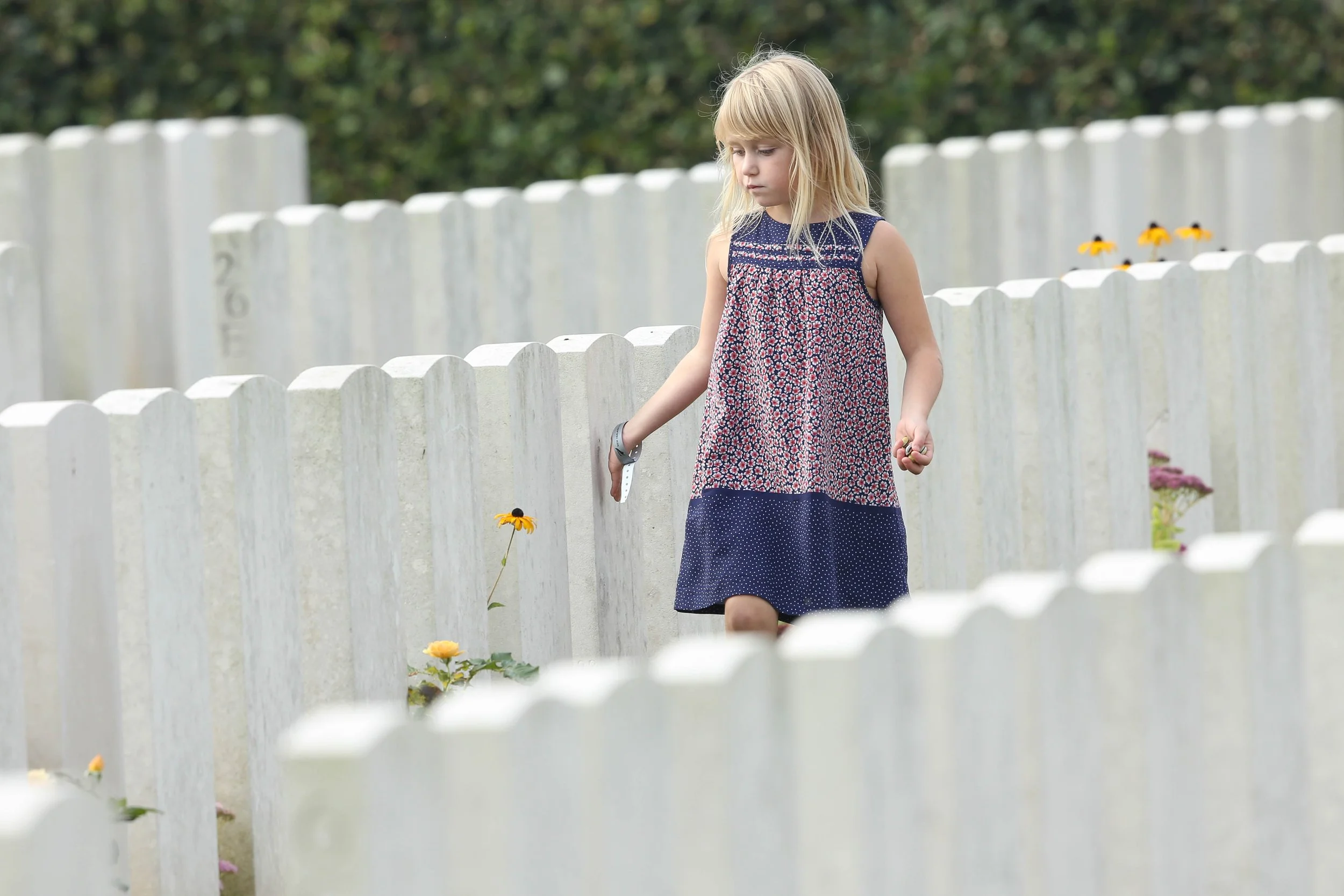 A young child touches the gravestones at the Somme battlefield in France