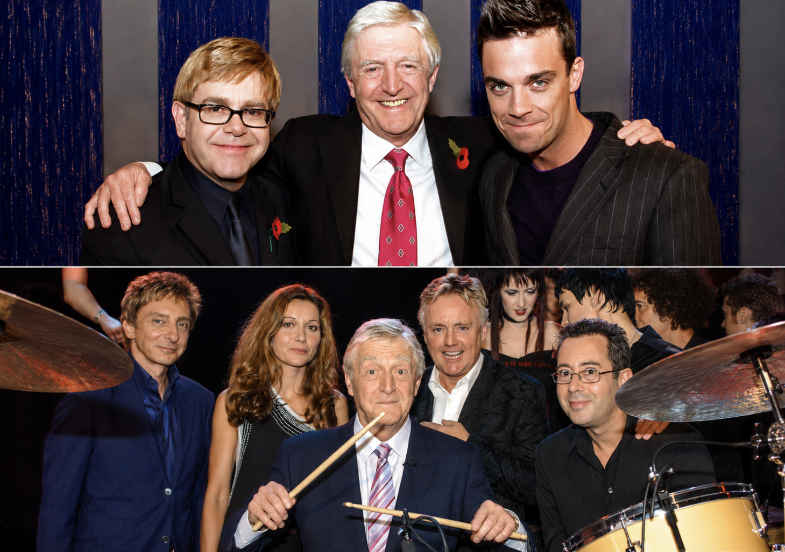 Various guests on the Parkinson show with Micheal Parkinson at BBC TV London. Robbie Williams, Elton John, Barry Manilow, Ben Elton
