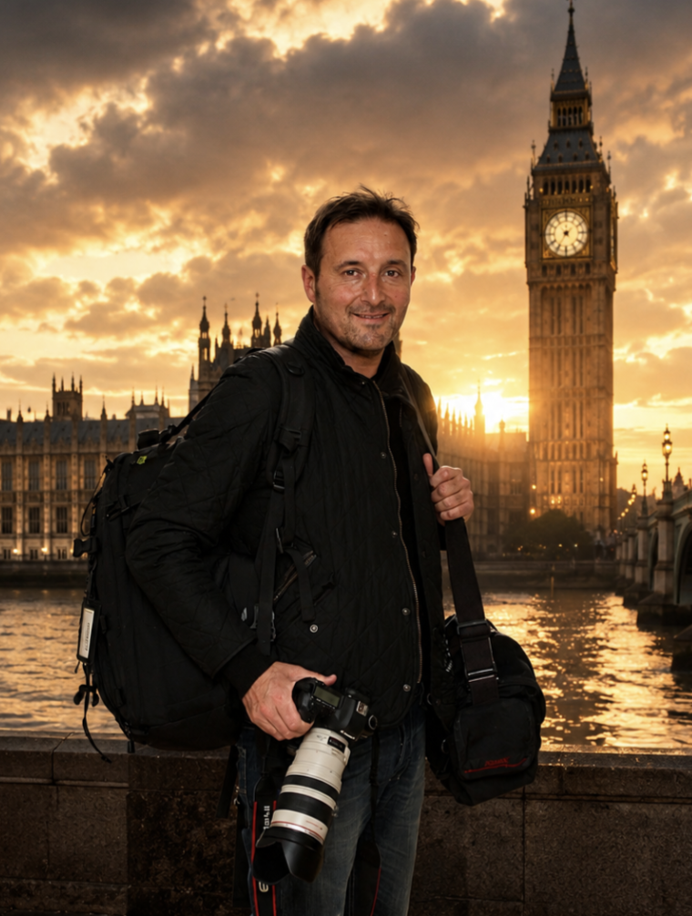 Man standing by the River Thames in London during sunset, holding a camera and backpack, with Big Ben and the Houses of Parliament in the background.