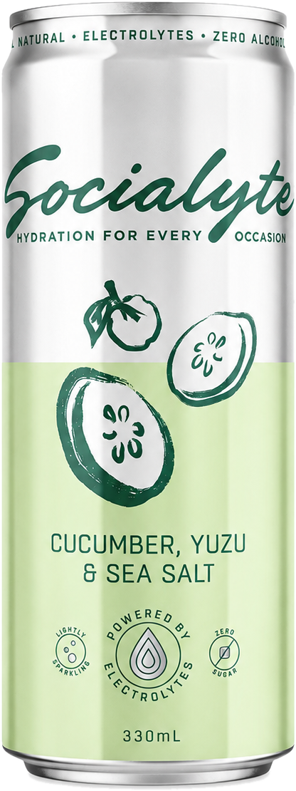 A can of Socialyste cucumber, yuzu, and sea salt flavored beverage featuring illustrations of a cucumber, yuzu fruit, and sea salt.