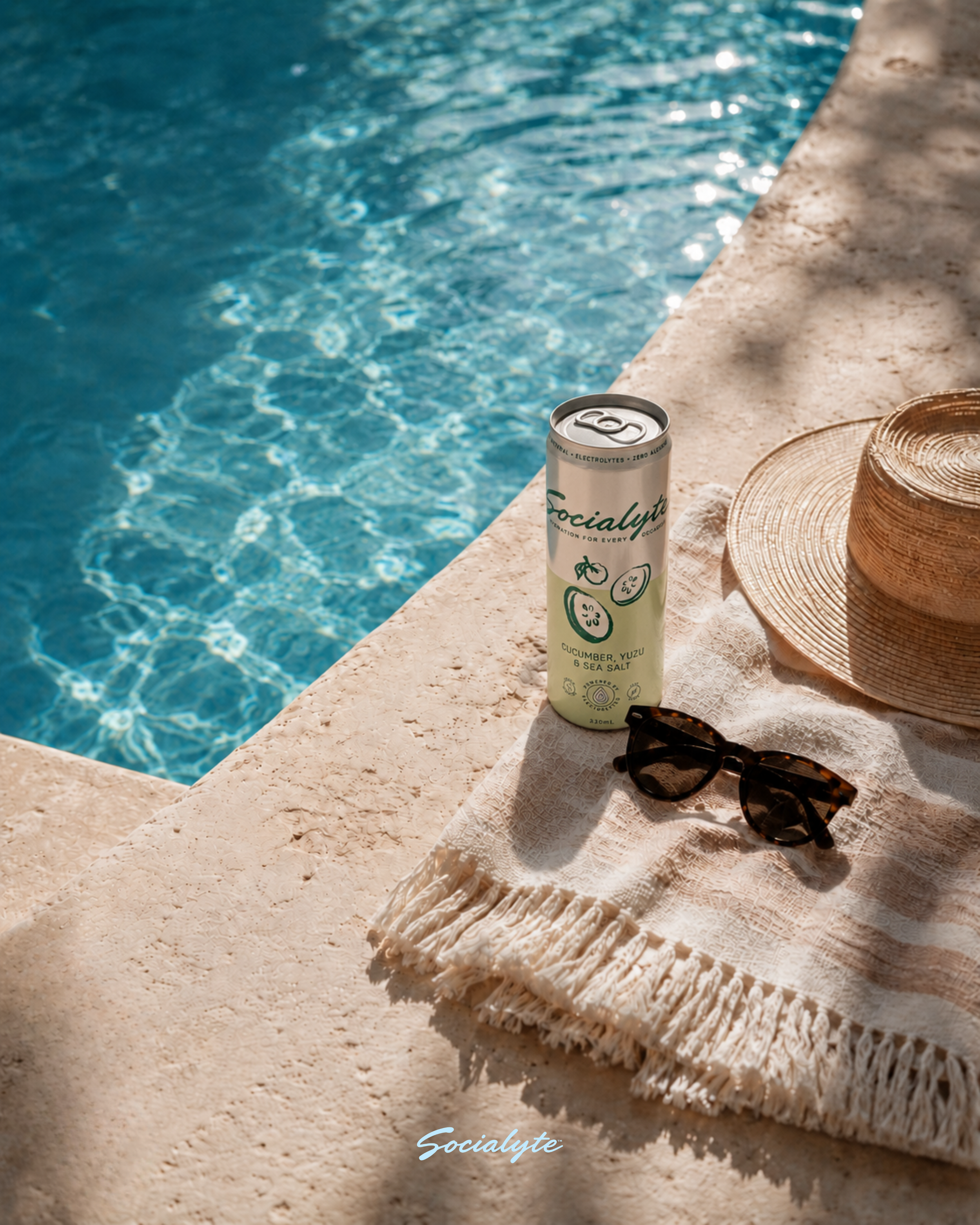 A poolside scene with a can of Socialyte cucumber, yuzu, and sea salt sparkling water, a woven straw hat, and sunglasses on a textured white towel, with clear blue water in the background.