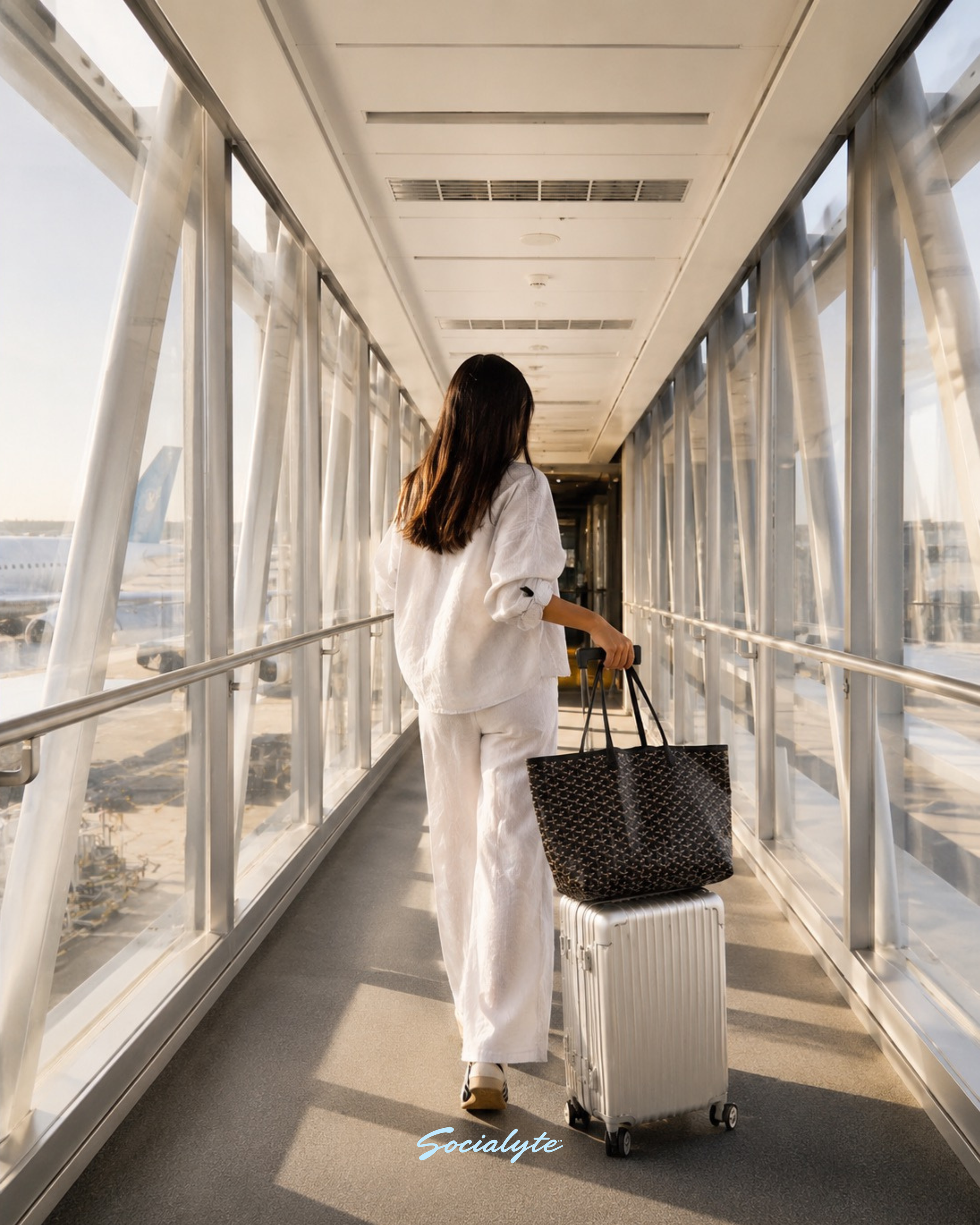 A person walking through an airport terminal with a rolling suitcase, carrying a tote bag, and pulling a suitcase, under a glass ceiling.