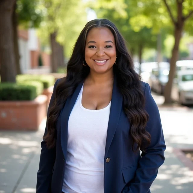 Smiling woman with long black hair, wearing a navy blazer and white top, standing outdoors on a sunny day with trees and parked cars in the background.