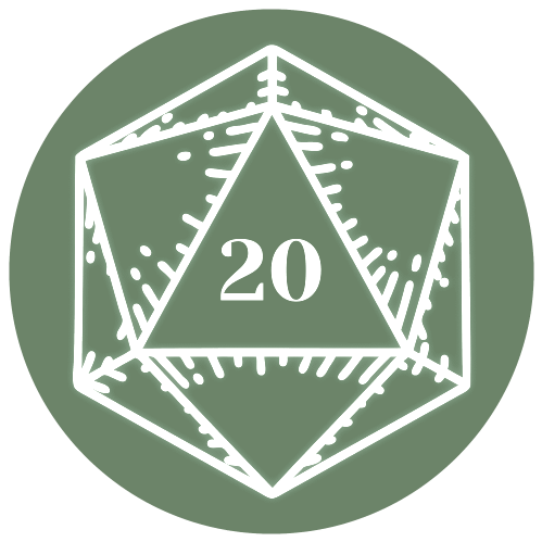 A green circle with a white outline of a 20-sided dice, numbered 20 in the center, used in tabletop role-playing games.
