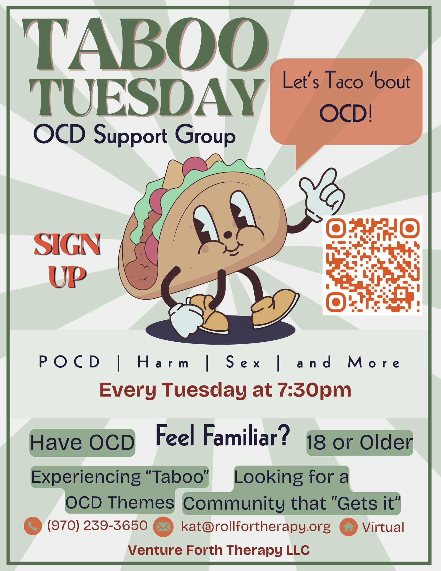 Flyer for OCD support group meeting every Tuesday at 7:30 pm with a cartoon taco character and QR code.