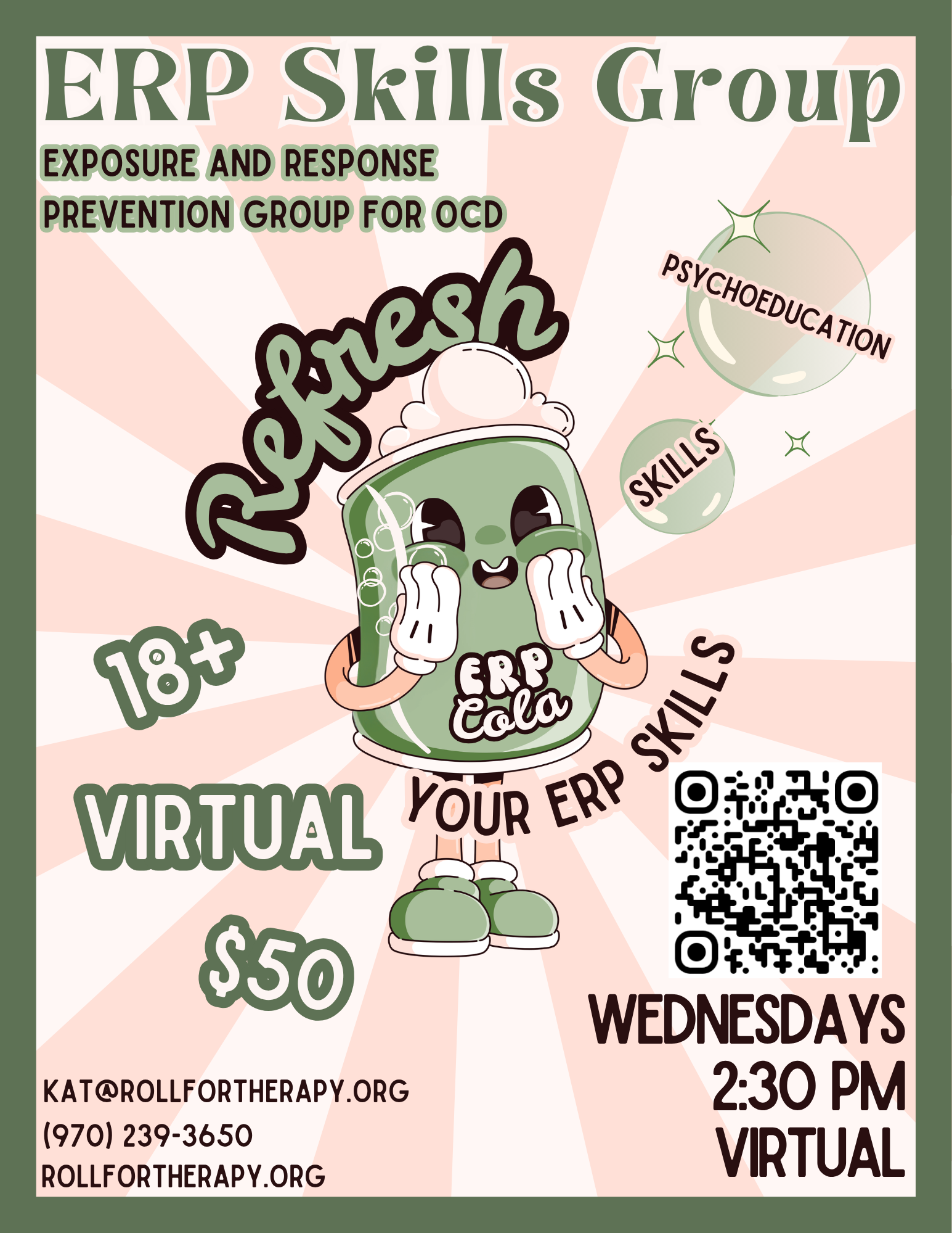 Flyer for ERP Skills Group virtual event featuring a cartoon character of a green soda cup with foam on top, wearing sneakers. The flyer contains text about the event, including date, time, and contact information, with images of bubbles, sparkles, a