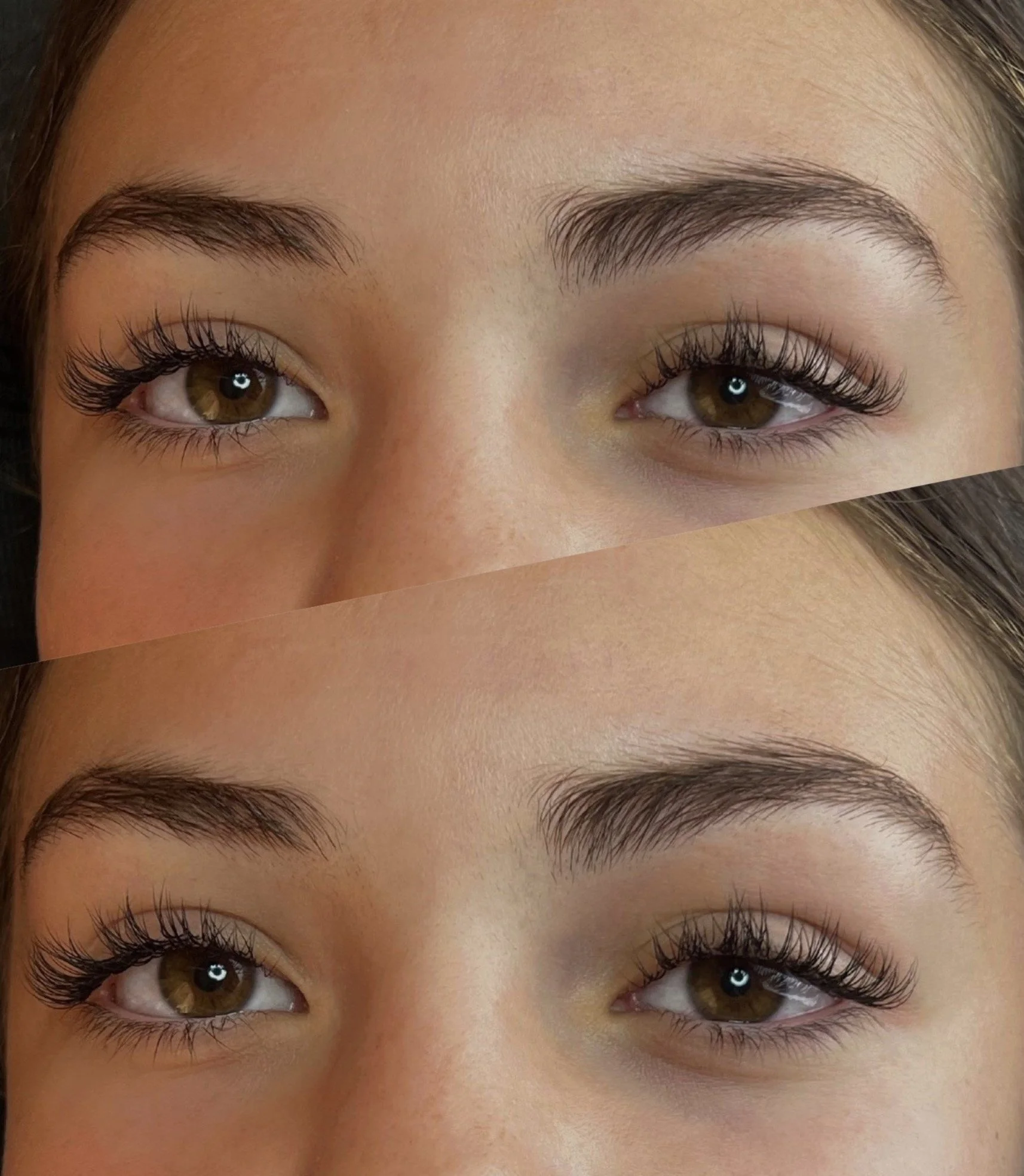 Close-up of eyes and eyebrows with curled eyelashes and light skin tone.