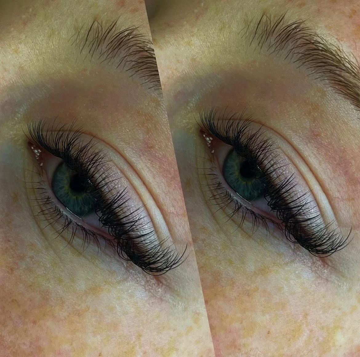 Close-up of a person's eye with long, curled eyelashes and a greenish-blue iris, shown from an angled perspective.