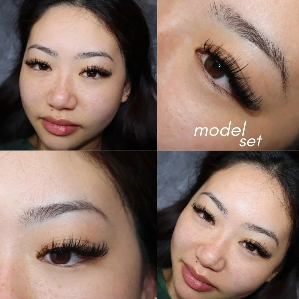 Close-up images of a woman's face highlighting her eyelashes and eyebrows, with one image showing her winking, and a text overlay reading 'model set'.