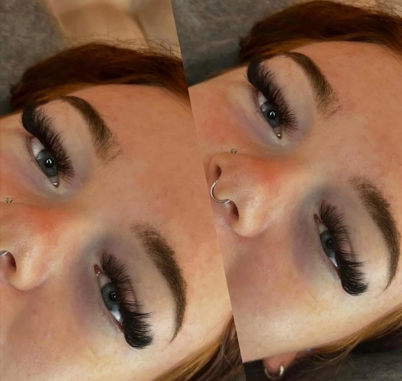 Close-up of a woman's face with makeup, including long eyelashes, eyebrows, and a nose piercing. The photo appears to be duplicated and slightly rotated.