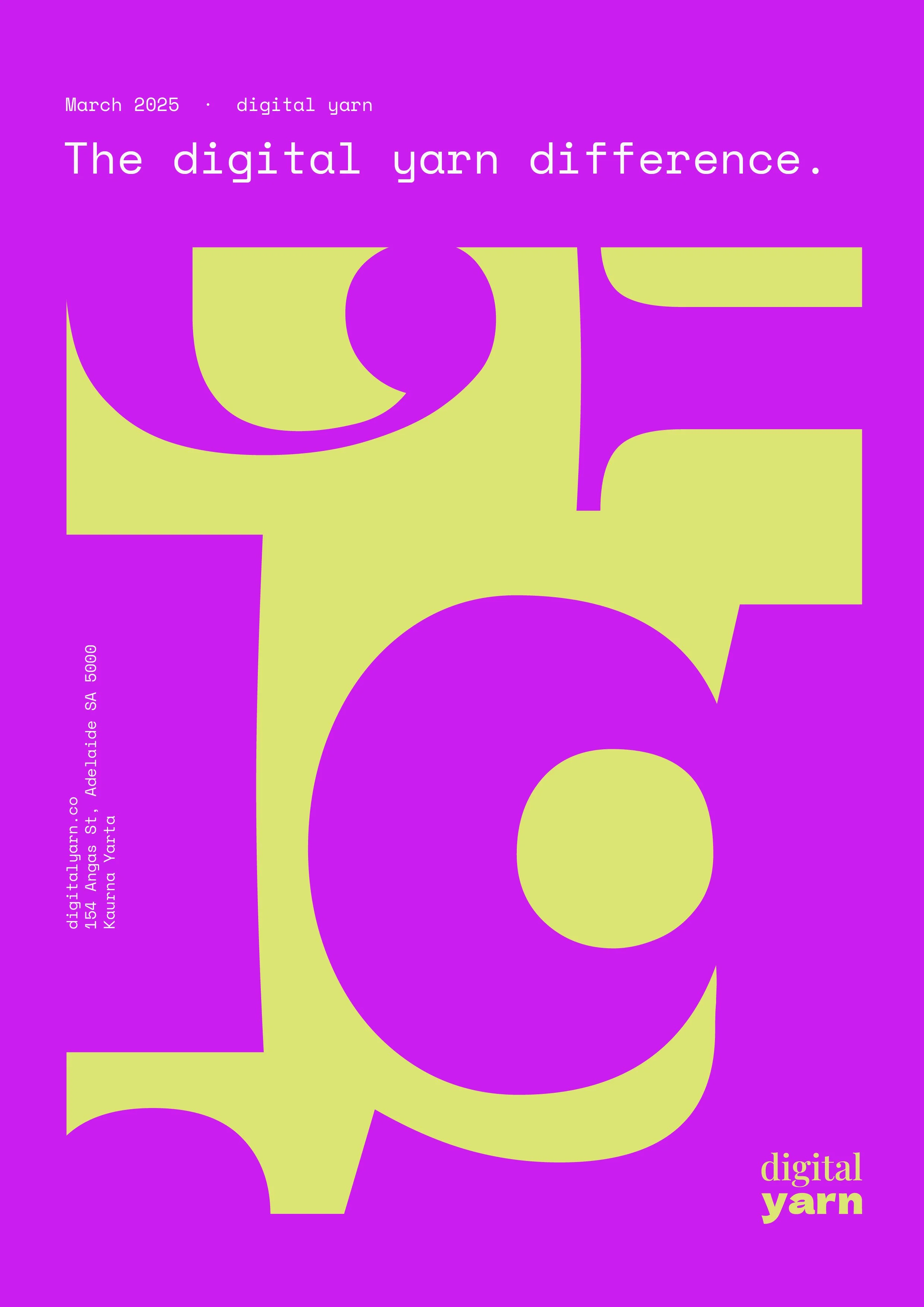 Promotional poster for "digital yarn" with abstract design in purple and lime green, featuring text "The digital yarn difference."