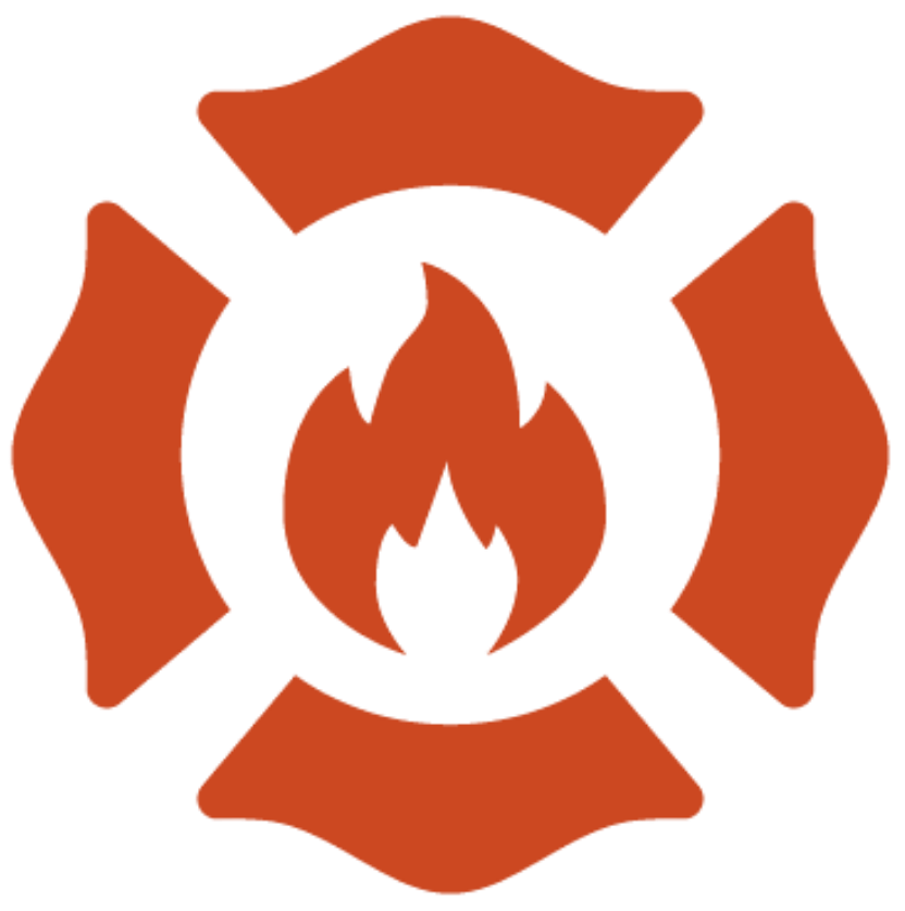 Firefighter emblem with a flame, surrounded by an orange Maltese cross.