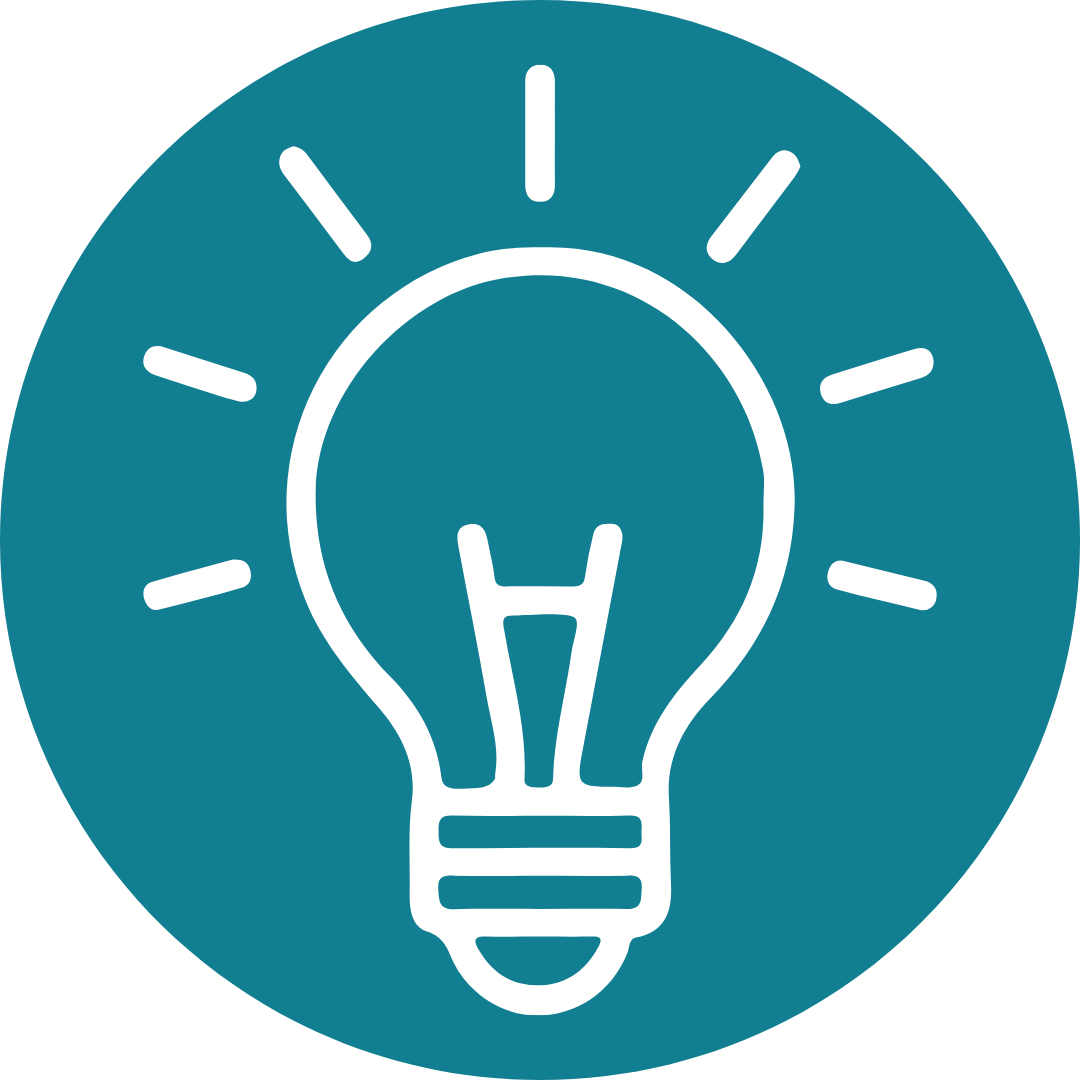 Icon of a lit light bulb with rays emanating from it, on a teal circular background.