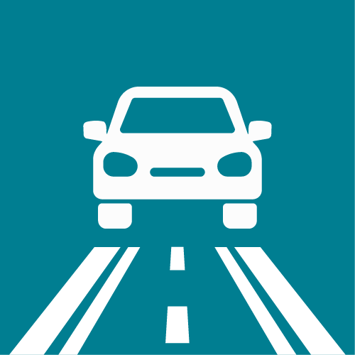 White car on a road with lane markings, icon style, teal background.