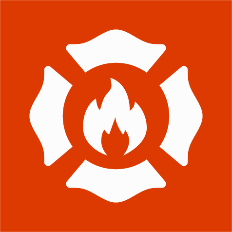 Firefighter emblem with a flame at the center, surrounded by a white Maltese cross, on an orange background.