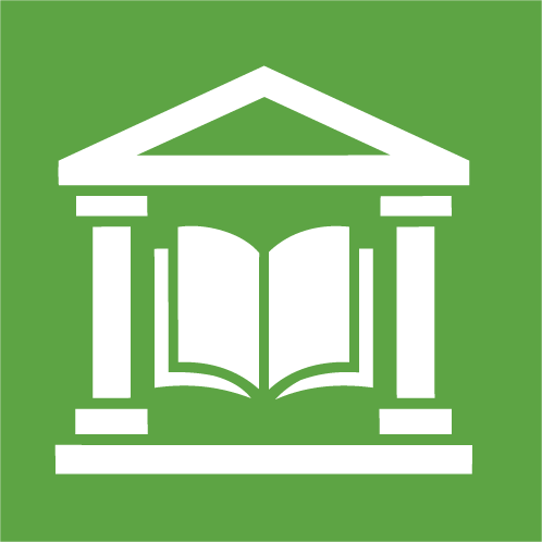 Icon of a library building with pillars and an open book in the center, set against a green background.