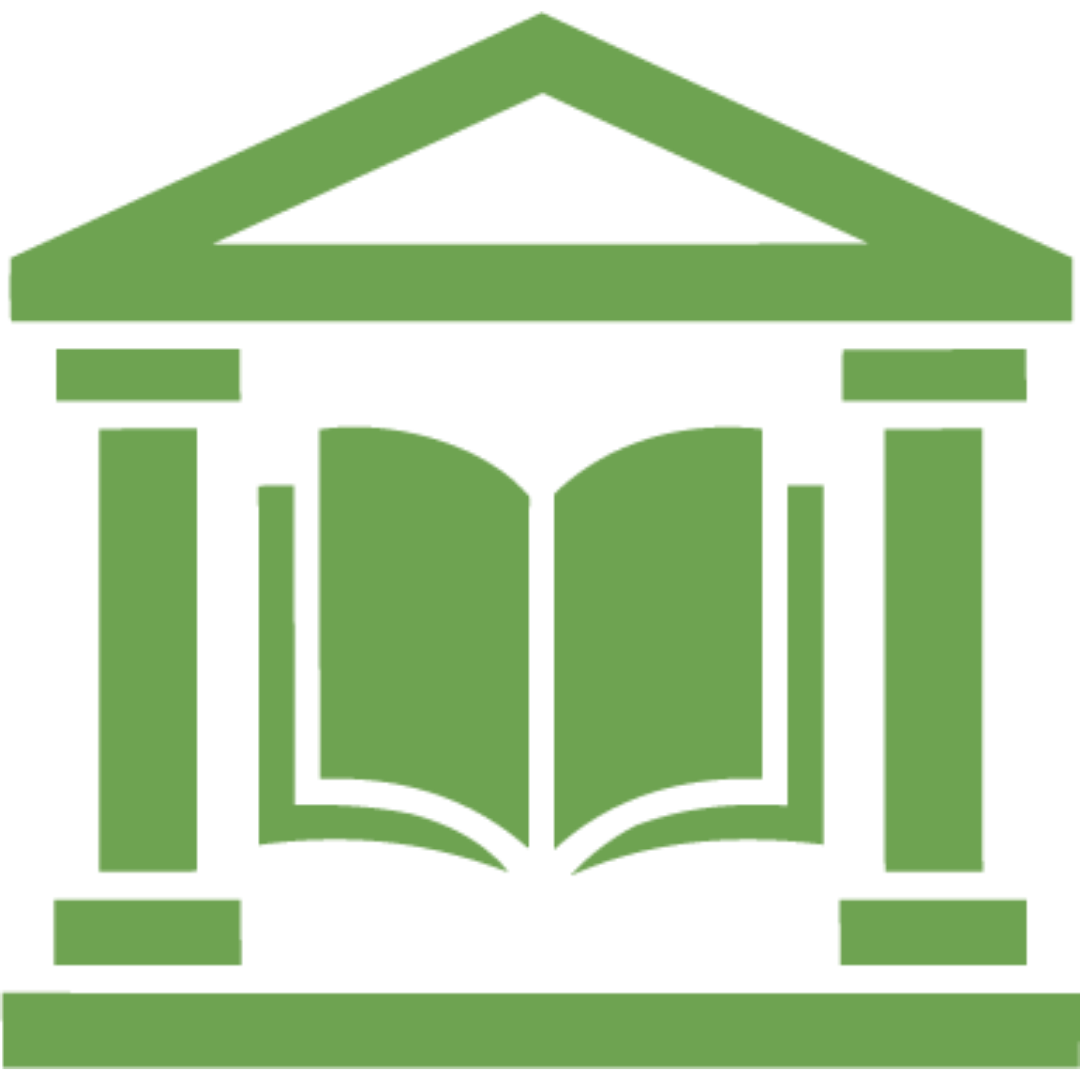 Icon of a green community building such as a library with columns, a triangular roof, and an open book in the center.