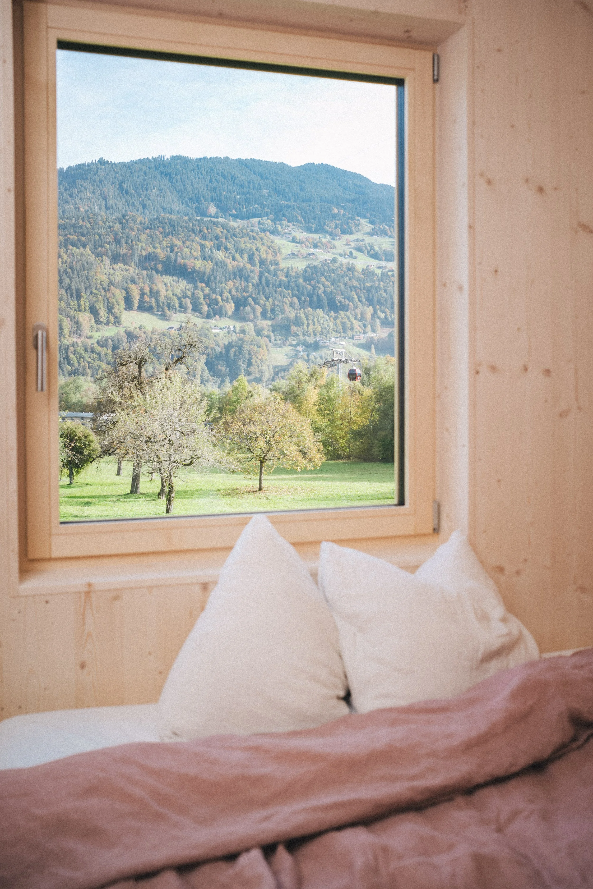 Blick aus einem Fenster auf eine grüne Wiese mit Bäumen und eine Berglandschaft im Hintergrund, und ein Skilift fährt durch die Szenerie.