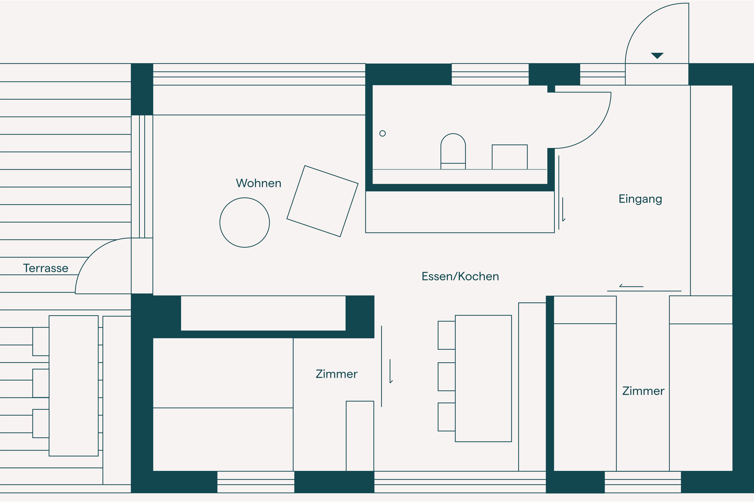 Grundriss eines Hauses mit Bereichen für Wohnen, Essen/Kochen, Zimmer und Terrasse.