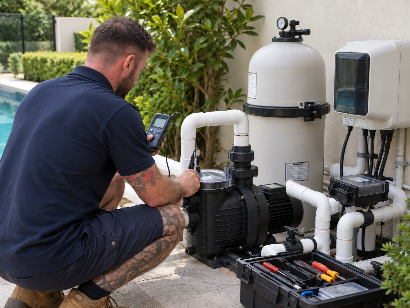 A technician working on an outdoor pool pump system, using a multimeter and tools from a toolbox, near a swimming pool with green bushes in the background.