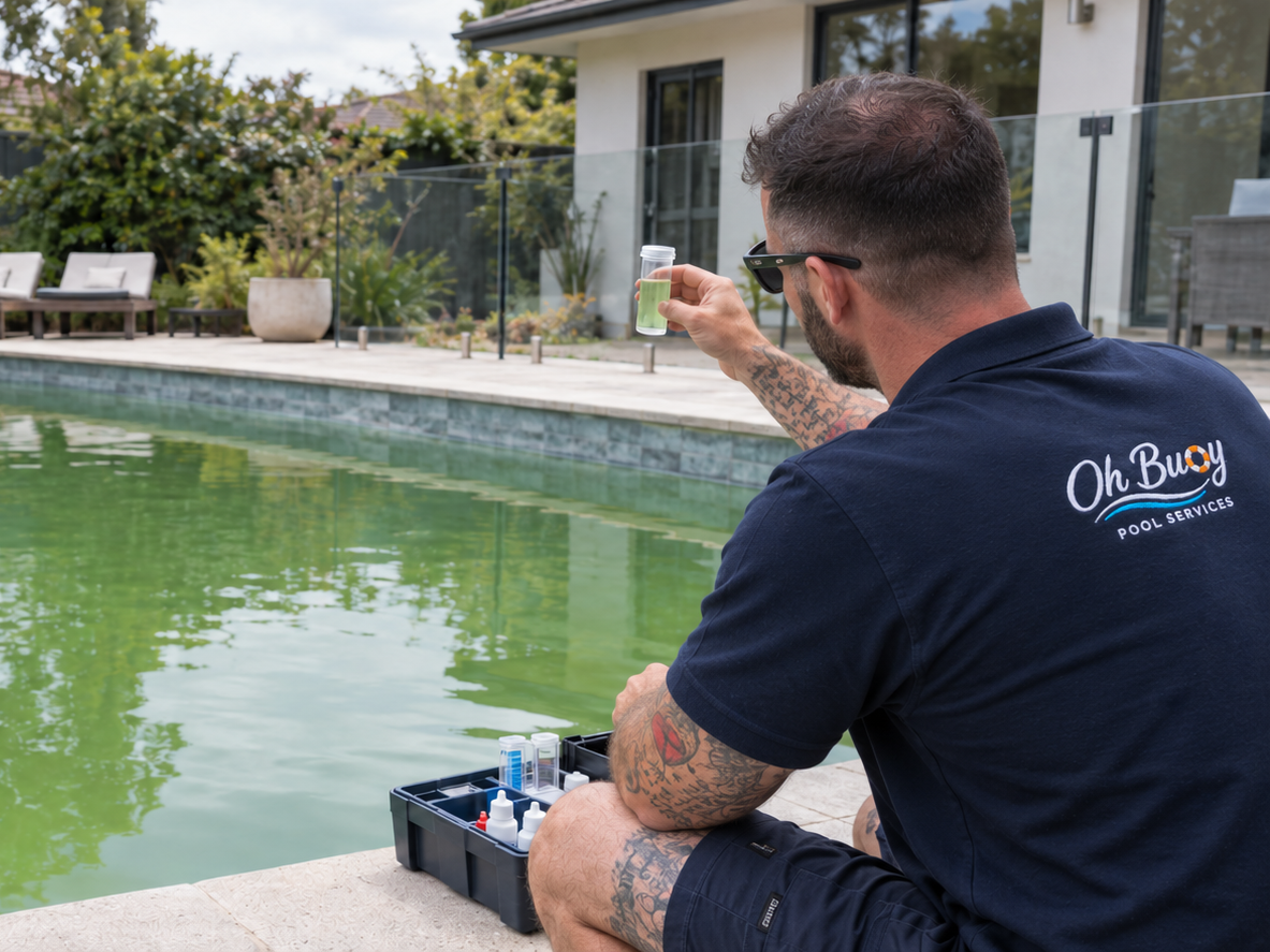 A man with tattoos, wearing sunglasses and a navy polo shirt with 'Oh Buoy Pool Services' on the back, testing water quality of a swimming pool with a test kit in his hand. There is a case with testing supplies on the pool deck.