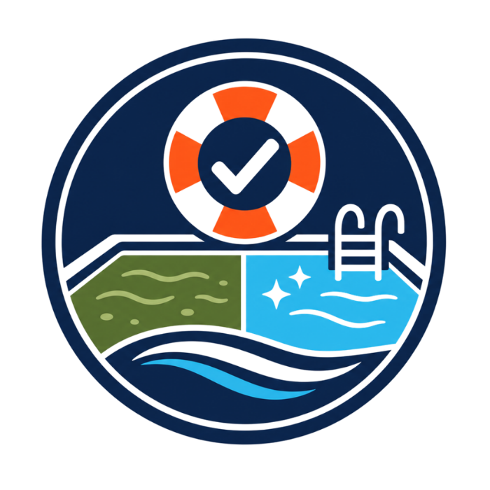 Circle divided into three sections: a checkmark inside a color-coded gauge at the top, a green pond or lake on the left, and a blue swimming pool with a ladder on the right.