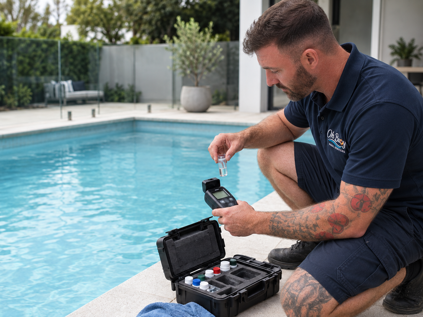 A man in navy uniform testing pool water chemistry with digital tester and sample container near a swimming pool.